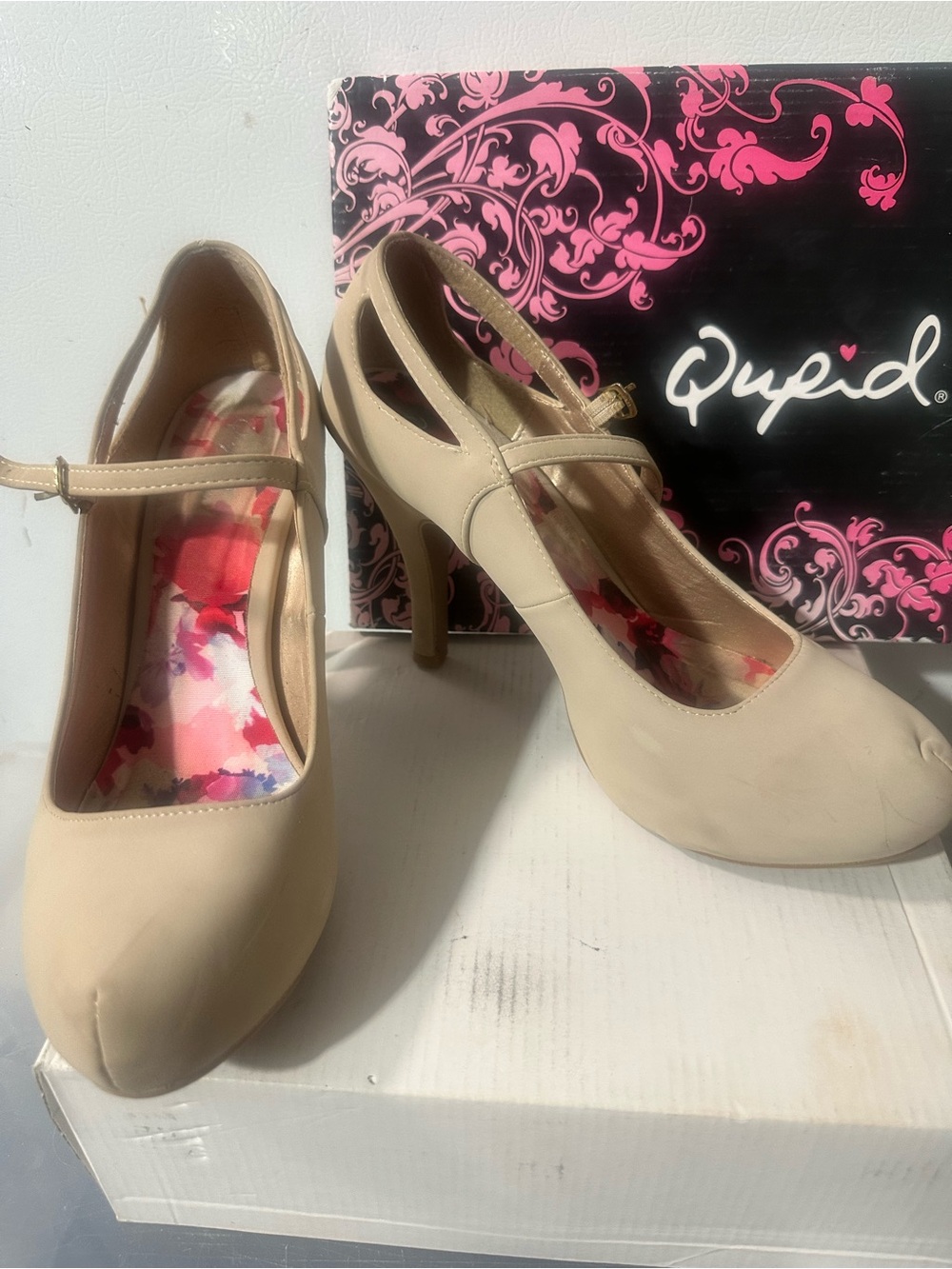 Cupid Nude Beige Mary Jane Heels with Ankle Strap